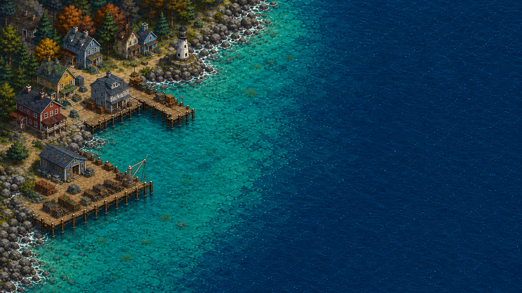Pixel art harbor map for Dockside, showing a coastal town, docks, boats, and open water.
